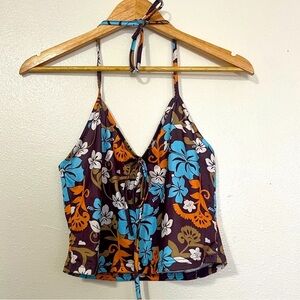 Brown/Blue/Orange Halter Floral Hawaiin Print Crop Top Size Medium